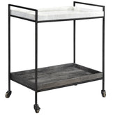 Cortana Black Wood Finish, Gunmetal Iron, and White Marble Bar Cart
